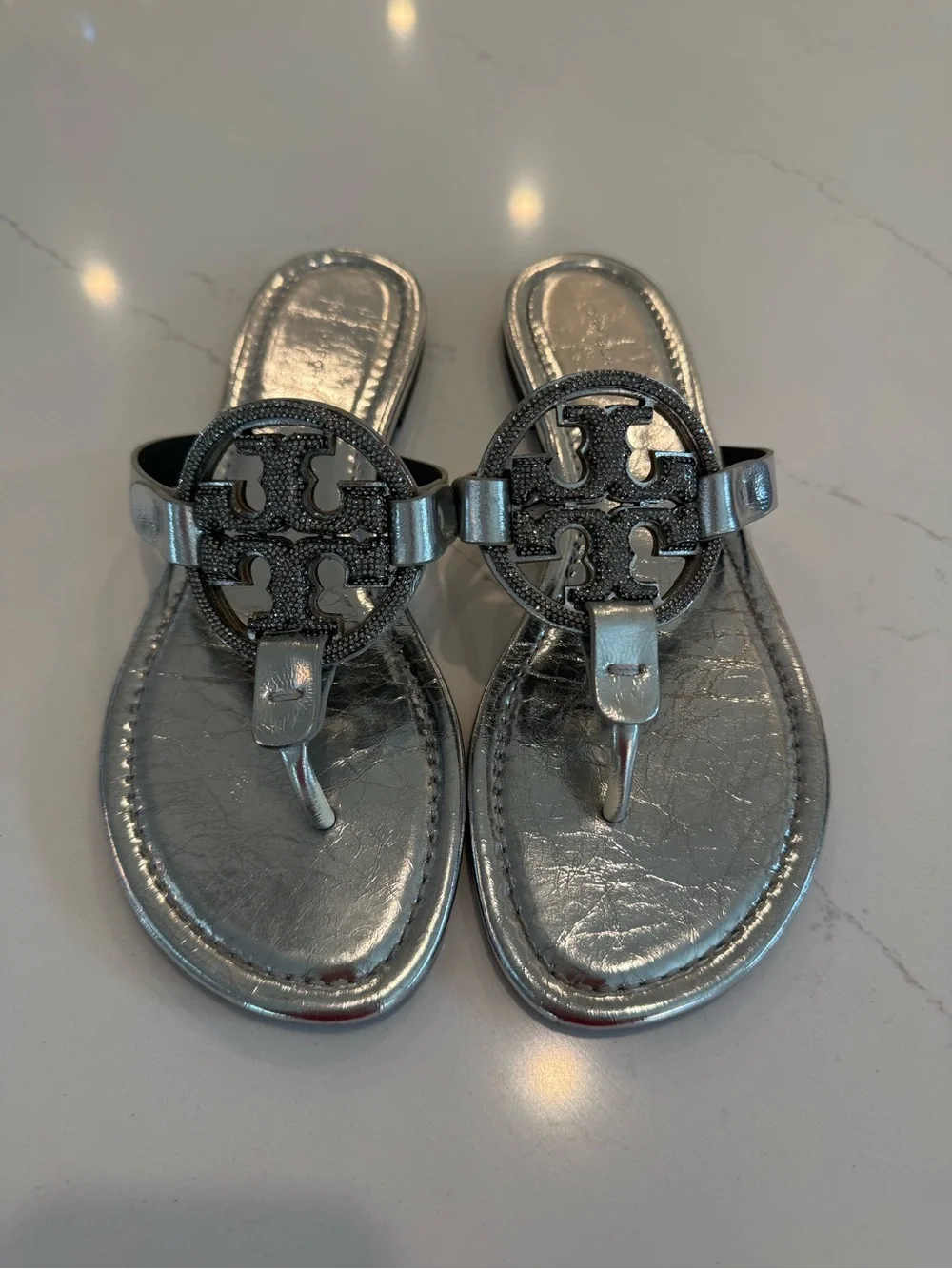 Tory Burch Metallic Silver Miller Logo Thong Sandals